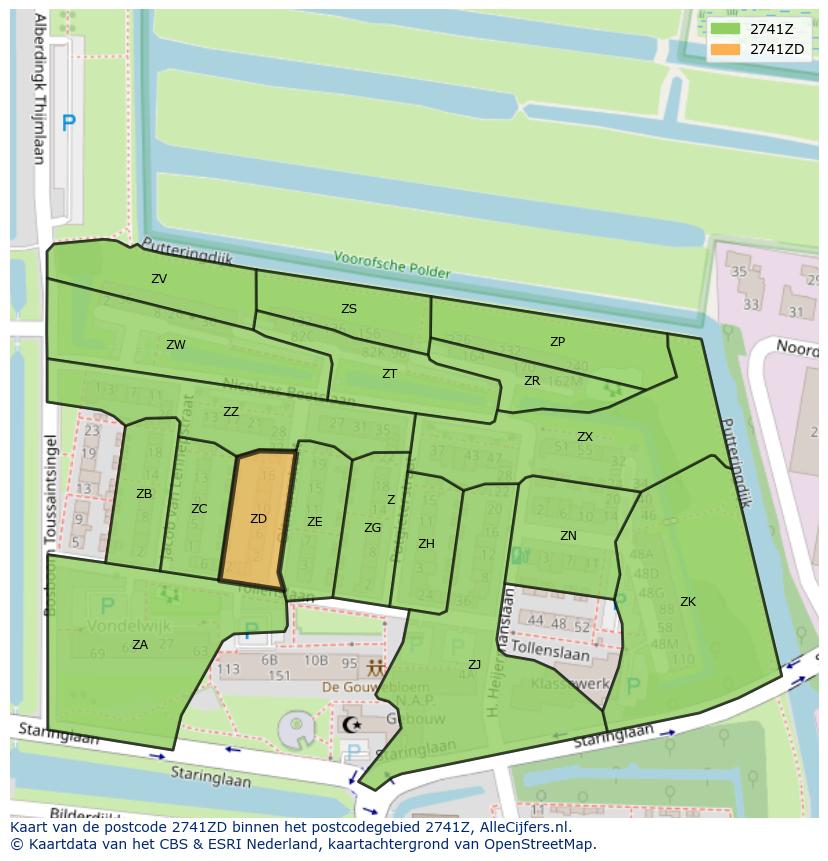 Afbeelding van het postcodegebied 2741 ZD op de kaart.