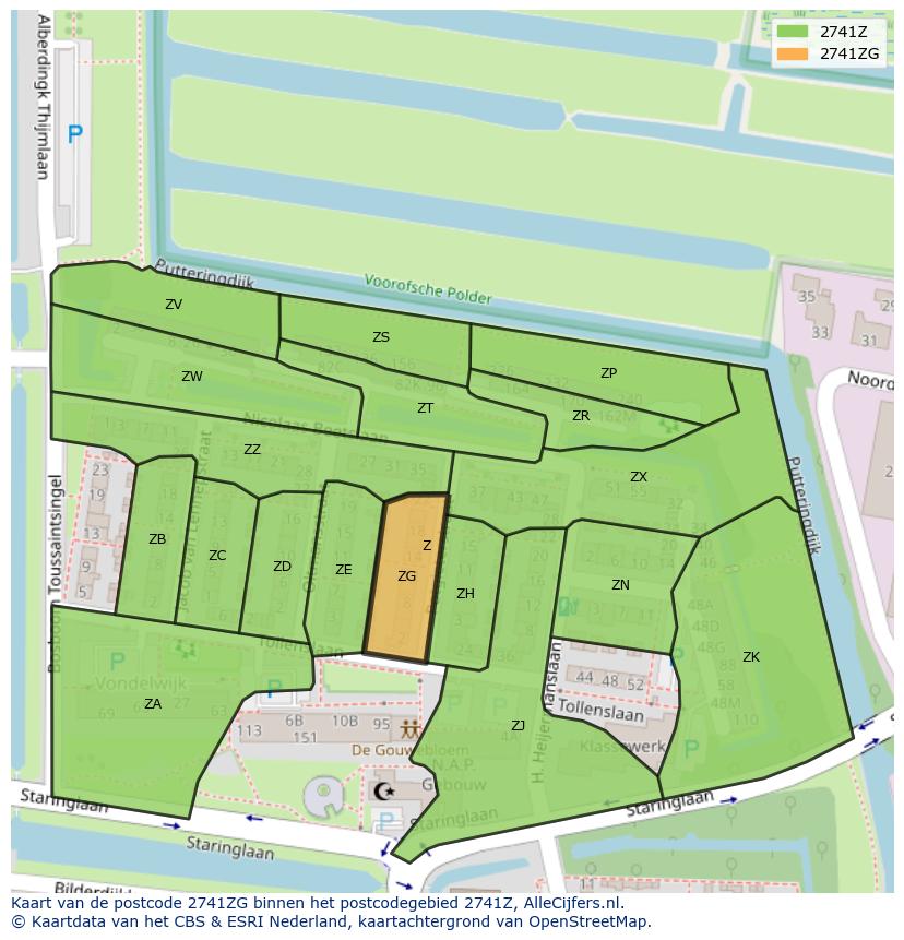 Afbeelding van het postcodegebied 2741 ZG op de kaart.