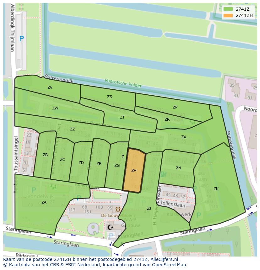 Afbeelding van het postcodegebied 2741 ZH op de kaart.