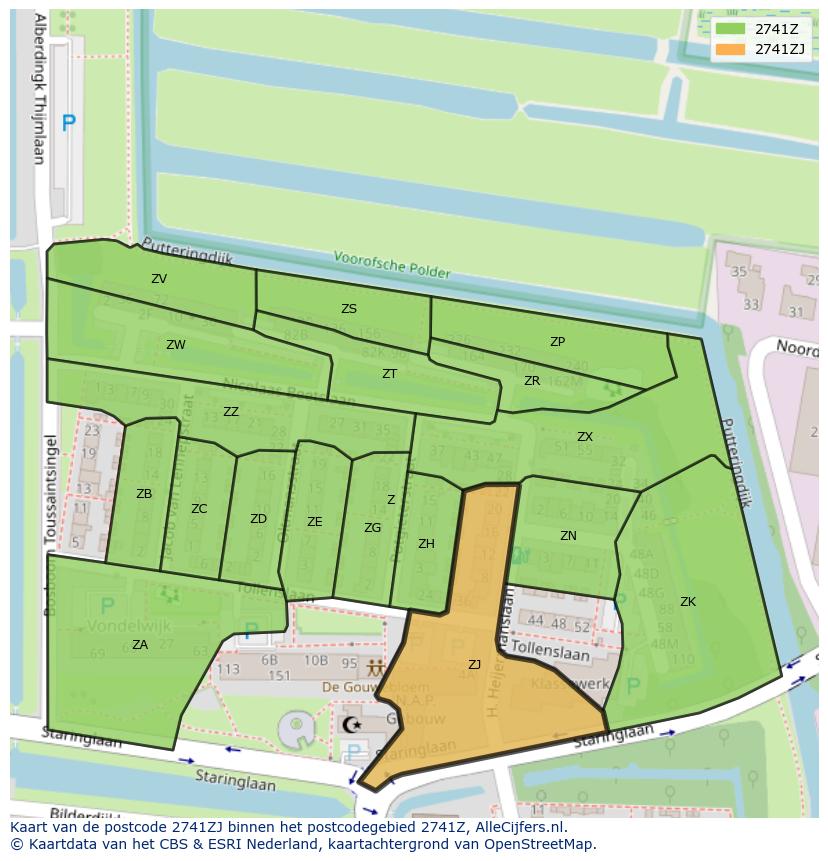 Afbeelding van het postcodegebied 2741 ZJ op de kaart.