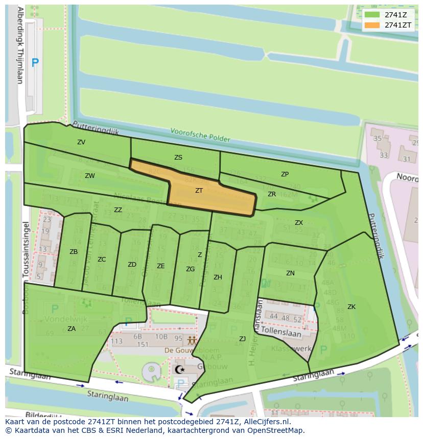 Afbeelding van het postcodegebied 2741 ZT op de kaart.