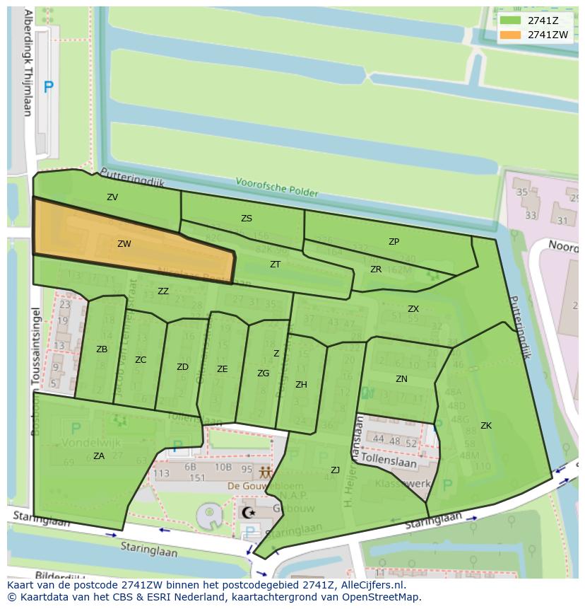 Afbeelding van het postcodegebied 2741 ZW op de kaart.