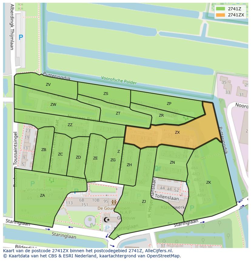 Afbeelding van het postcodegebied 2741 ZX op de kaart.