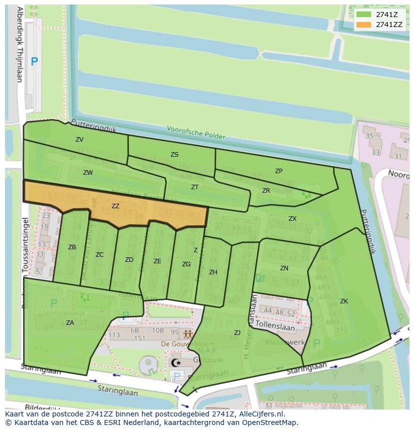 Afbeelding van het postcodegebied 2741 ZZ op de kaart.