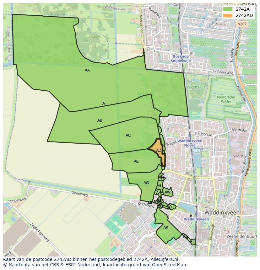 Afbeelding van het postcodegebied 2742 AD op de kaart.