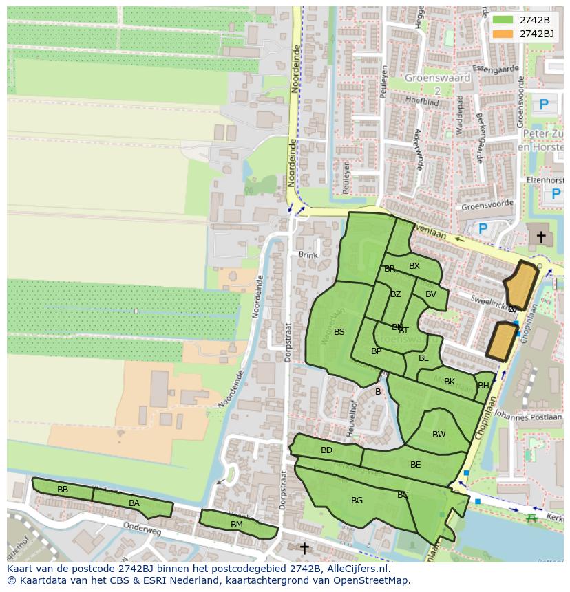 Afbeelding van het postcodegebied 2742 BJ op de kaart.