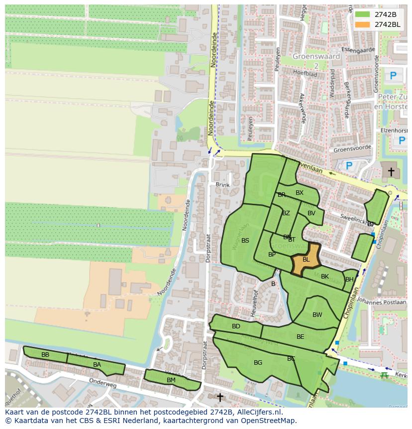 Afbeelding van het postcodegebied 2742 BL op de kaart.