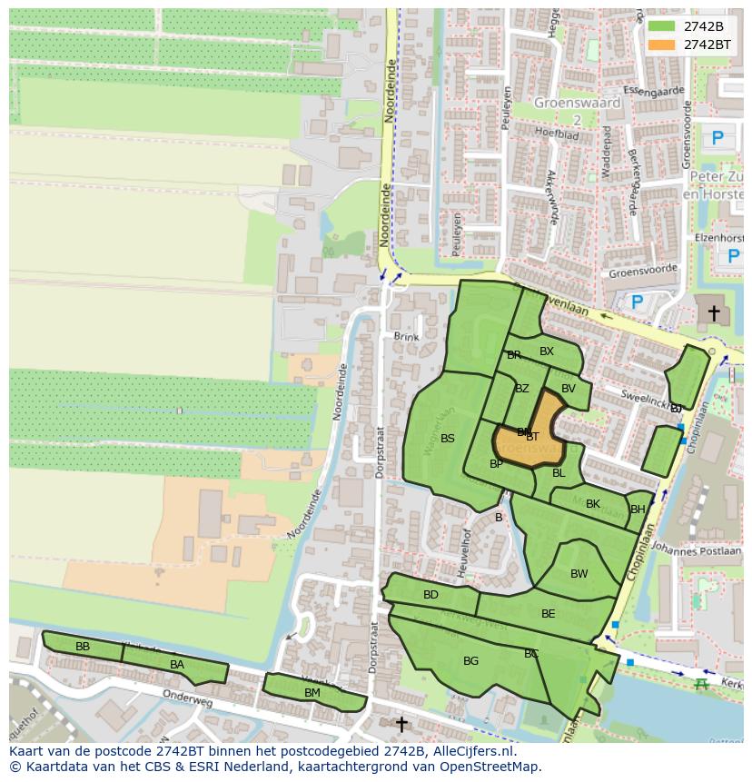 Afbeelding van het postcodegebied 2742 BT op de kaart.