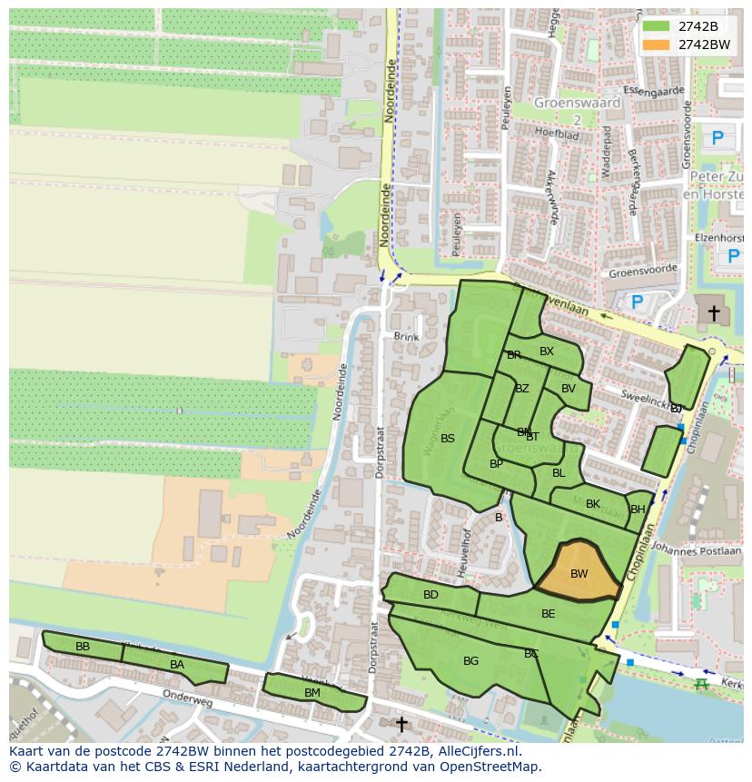 Afbeelding van het postcodegebied 2742 BW op de kaart.