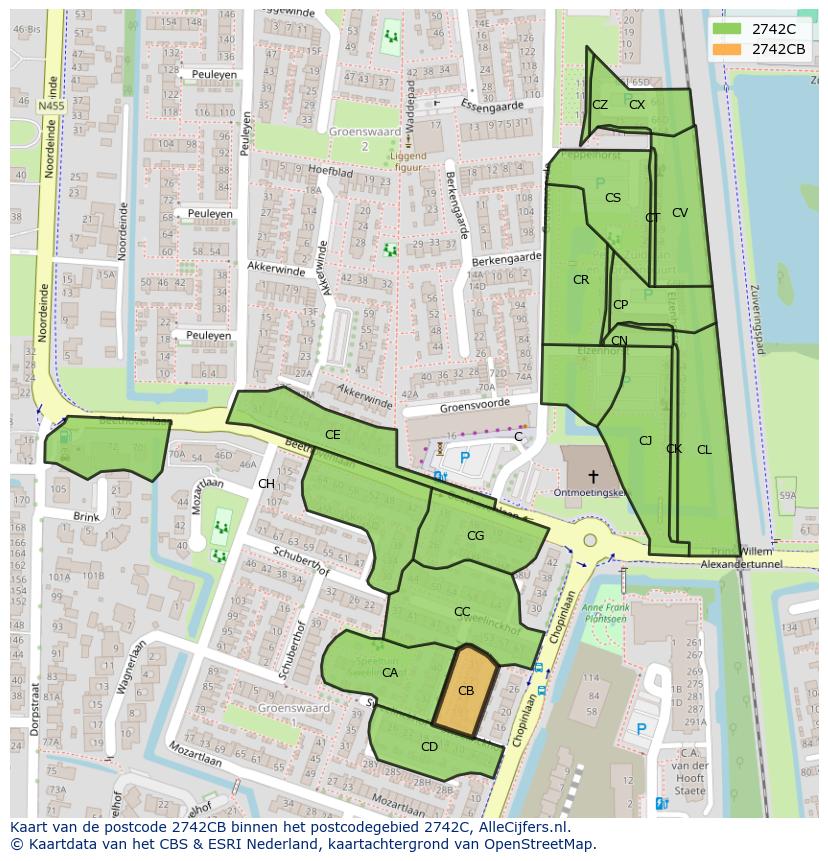 Afbeelding van het postcodegebied 2742 CB op de kaart.