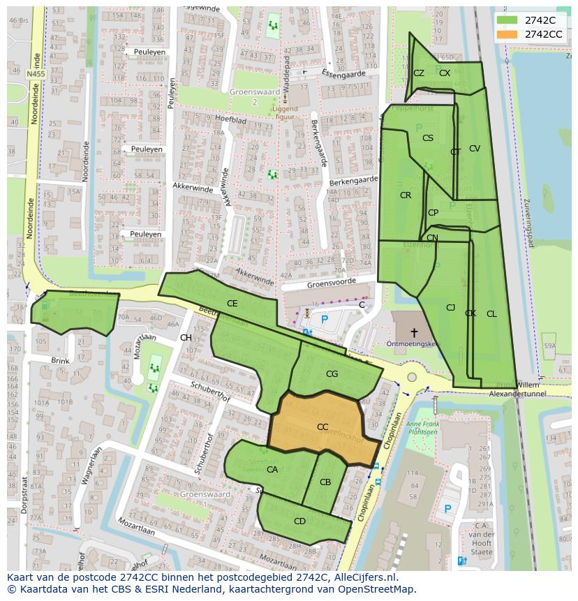 Afbeelding van het postcodegebied 2742 CC op de kaart.