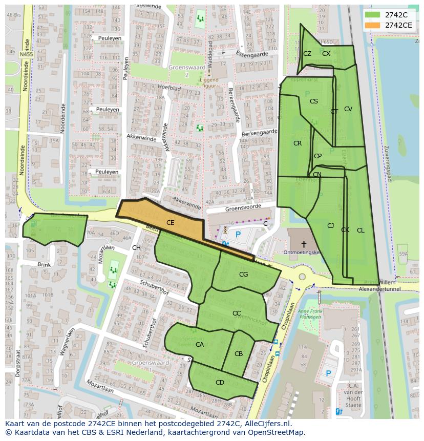 Afbeelding van het postcodegebied 2742 CE op de kaart.