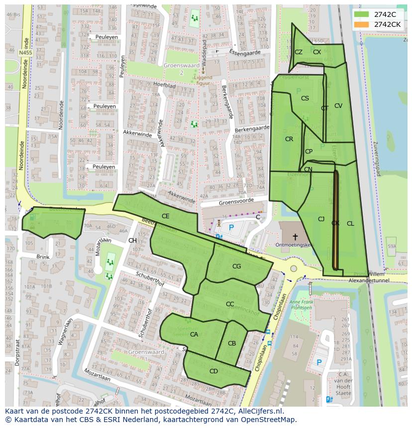 Afbeelding van het postcodegebied 2742 CK op de kaart.