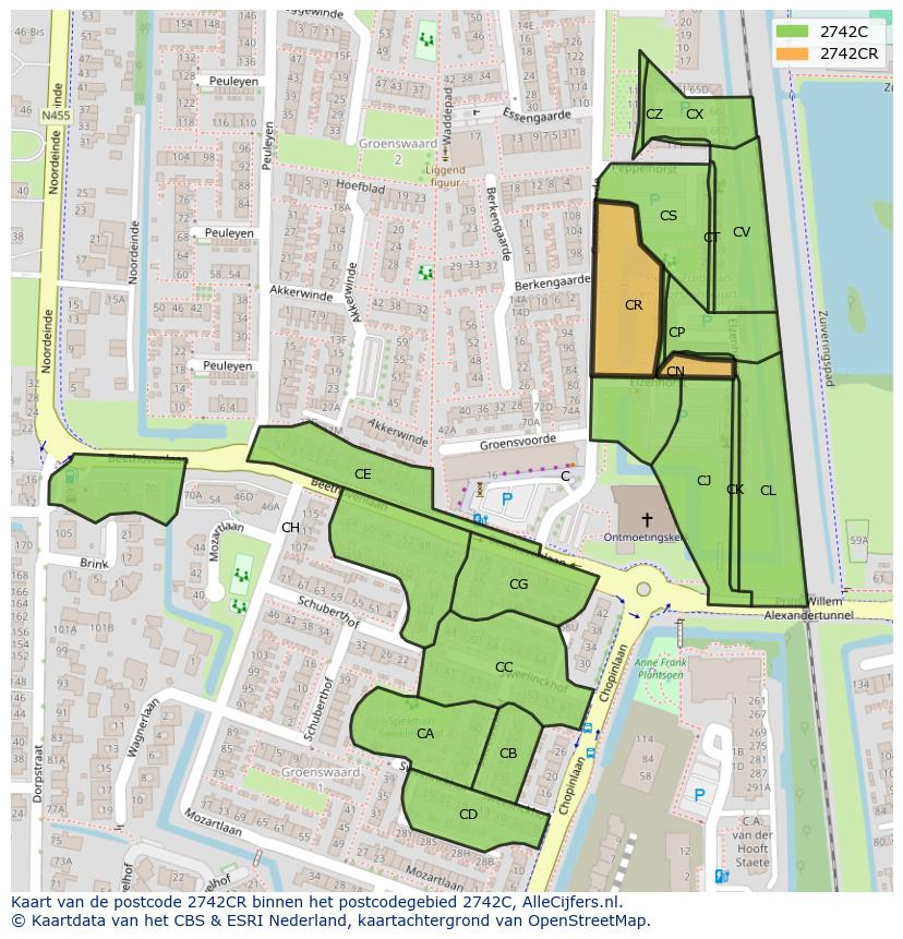 Afbeelding van het postcodegebied 2742 CR op de kaart.