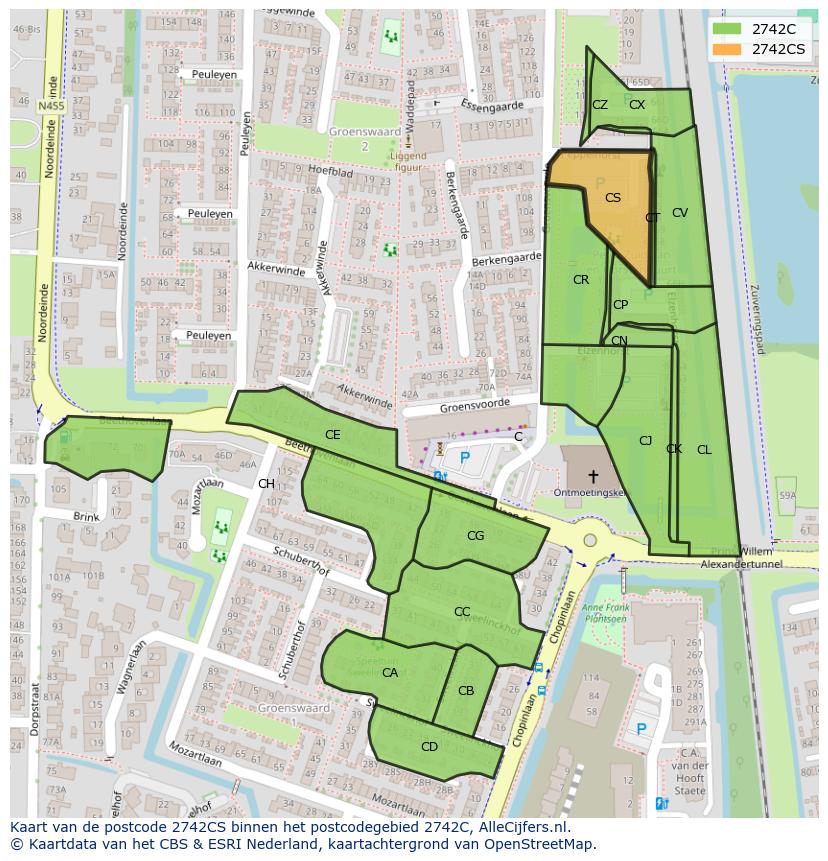 Afbeelding van het postcodegebied 2742 CS op de kaart.