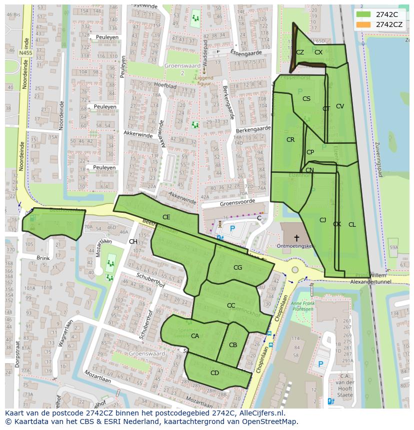 Afbeelding van het postcodegebied 2742 CZ op de kaart.