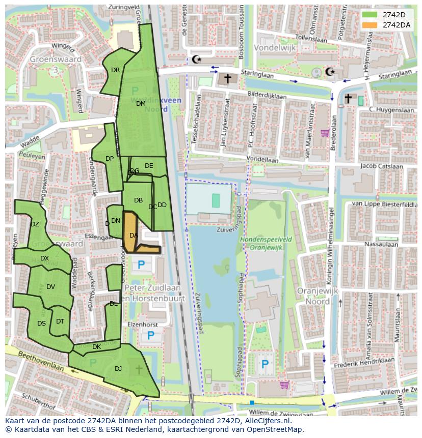 Afbeelding van het postcodegebied 2742 DA op de kaart.
