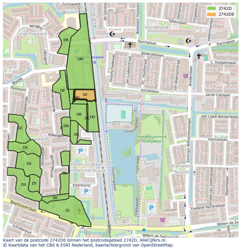 Afbeelding van het postcodegebied 2742 DE op de kaart.