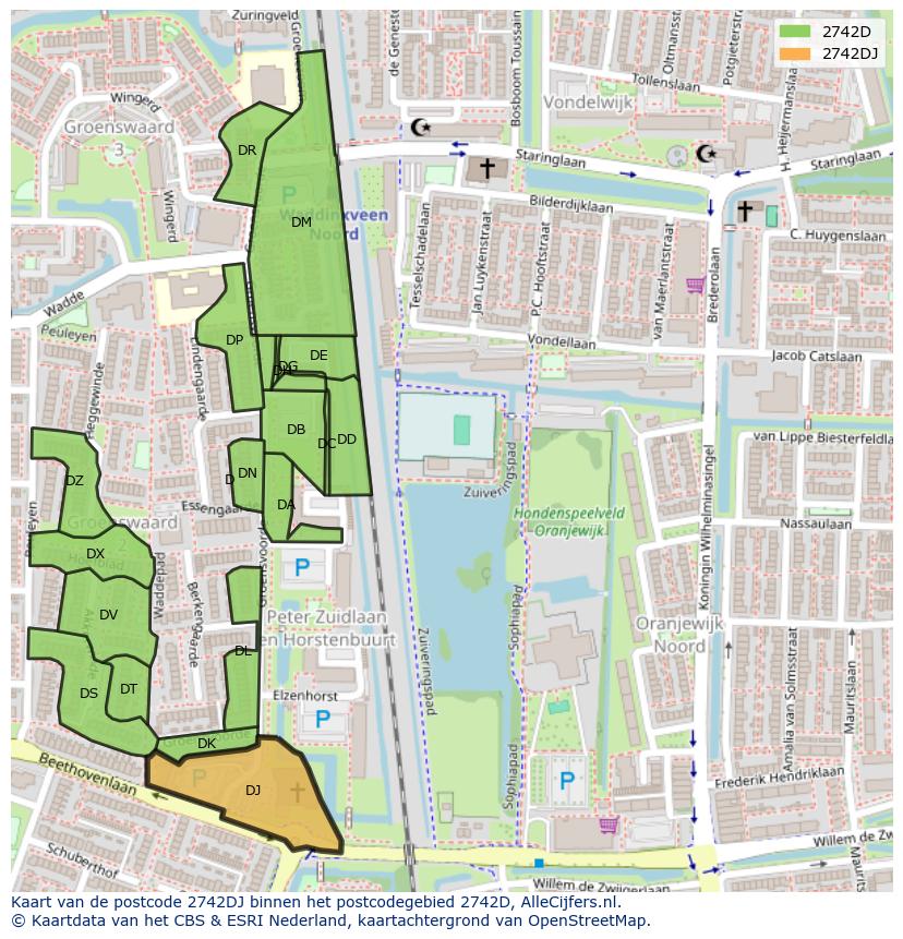 Afbeelding van het postcodegebied 2742 DJ op de kaart.