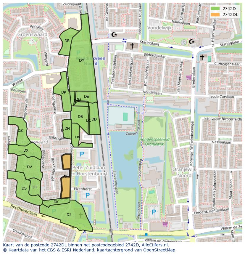 Afbeelding van het postcodegebied 2742 DL op de kaart.
