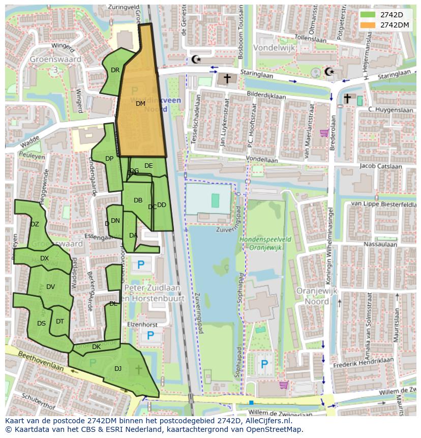 Afbeelding van het postcodegebied 2742 DM op de kaart.