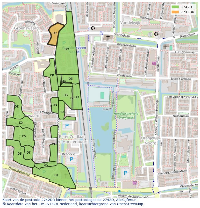 Afbeelding van het postcodegebied 2742 DR op de kaart.