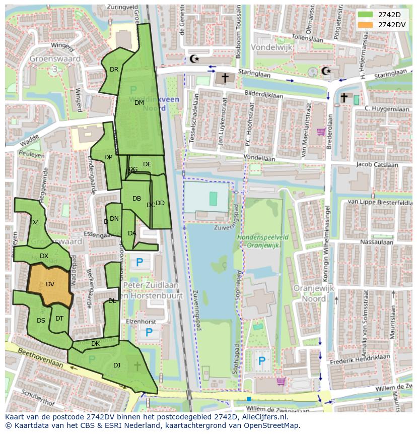 Afbeelding van het postcodegebied 2742 DV op de kaart.