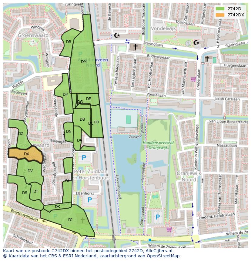 Afbeelding van het postcodegebied 2742 DX op de kaart.