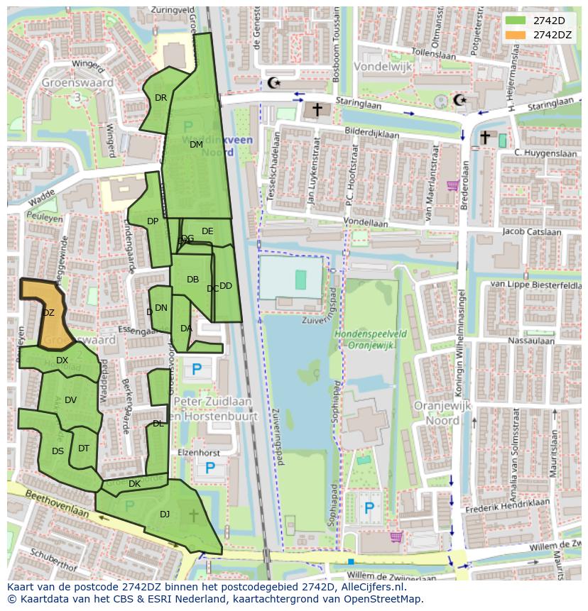 Afbeelding van het postcodegebied 2742 DZ op de kaart.