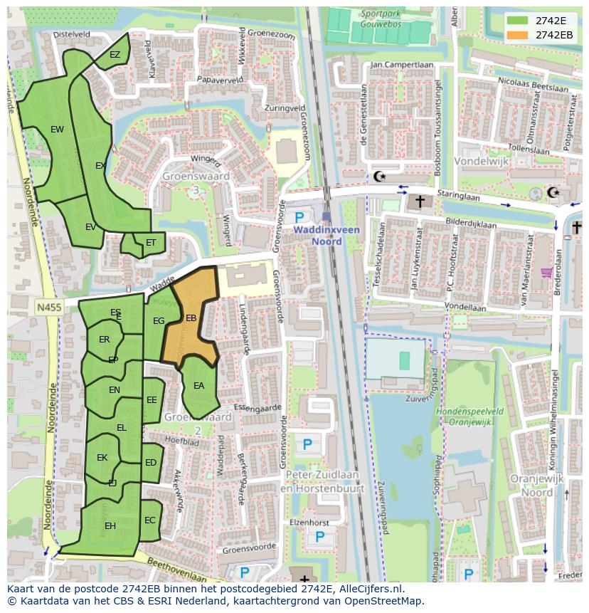 Afbeelding van het postcodegebied 2742 EB op de kaart.