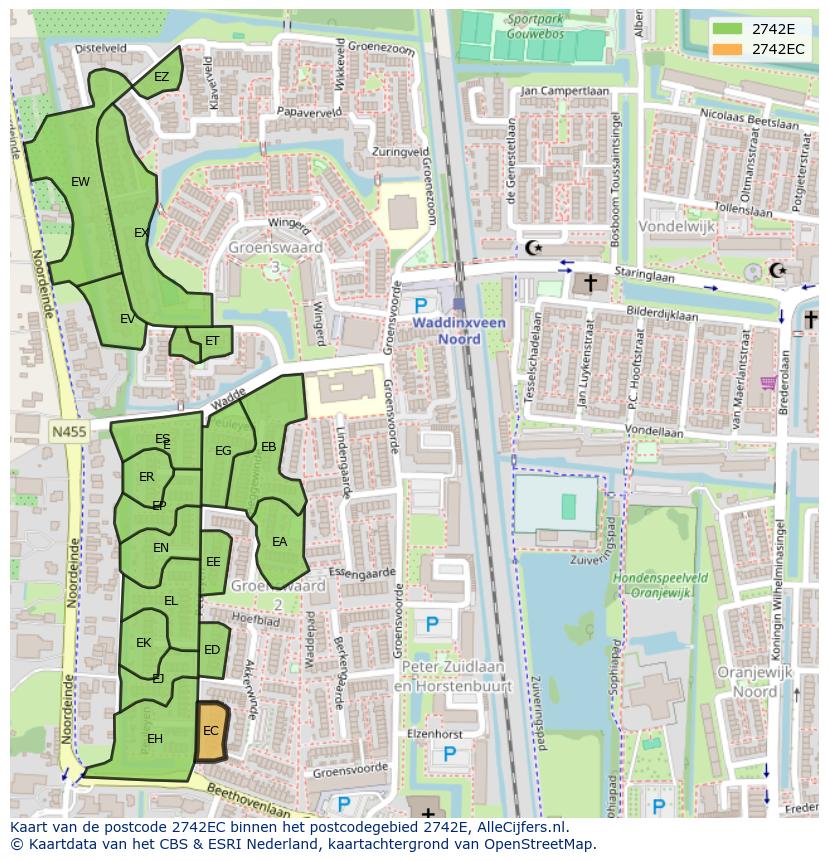 Afbeelding van het postcodegebied 2742 EC op de kaart.