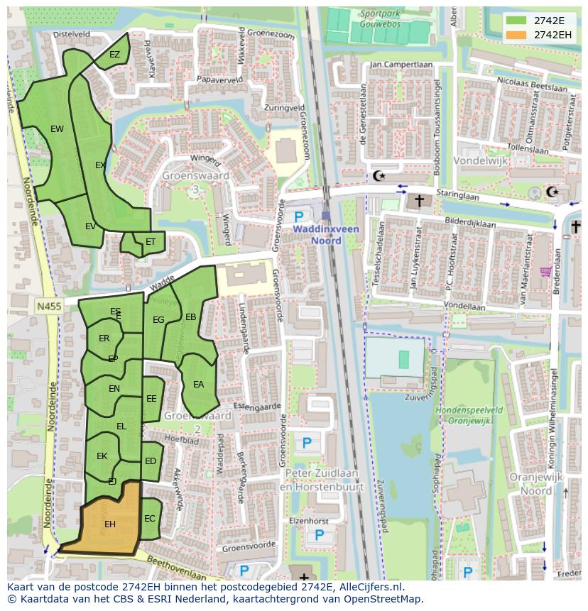 Afbeelding van het postcodegebied 2742 EH op de kaart.