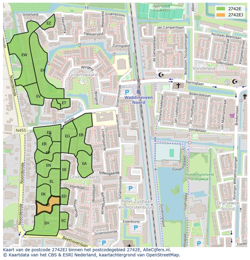 Afbeelding van het postcodegebied 2742 EJ op de kaart.
