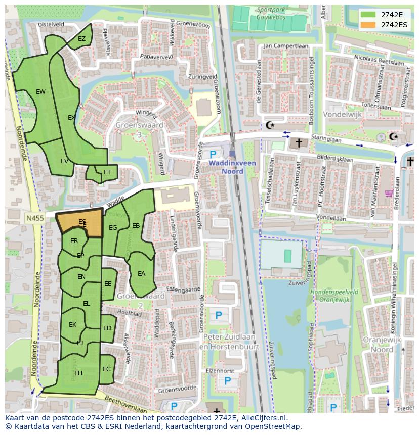 Afbeelding van het postcodegebied 2742 ES op de kaart.