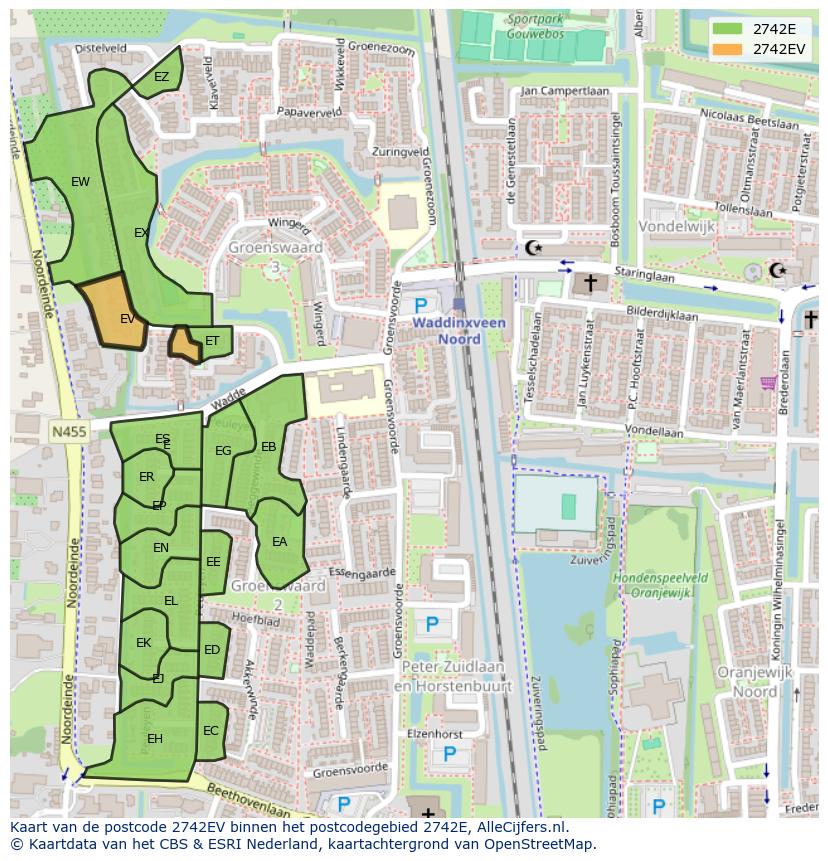 Afbeelding van het postcodegebied 2742 EV op de kaart.