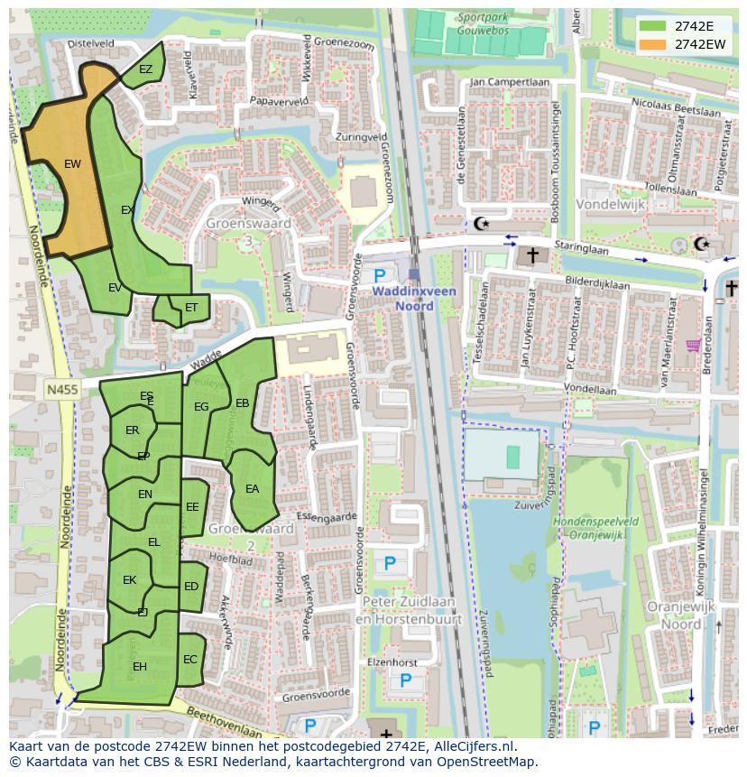 Afbeelding van het postcodegebied 2742 EW op de kaart.