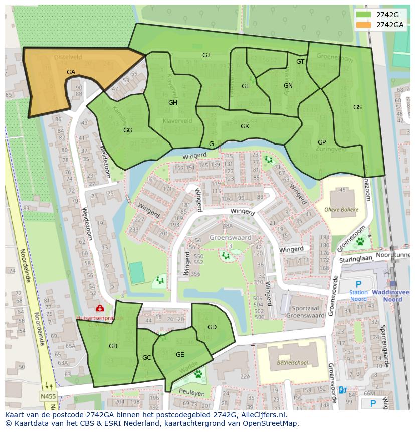 Afbeelding van het postcodegebied 2742 GA op de kaart.