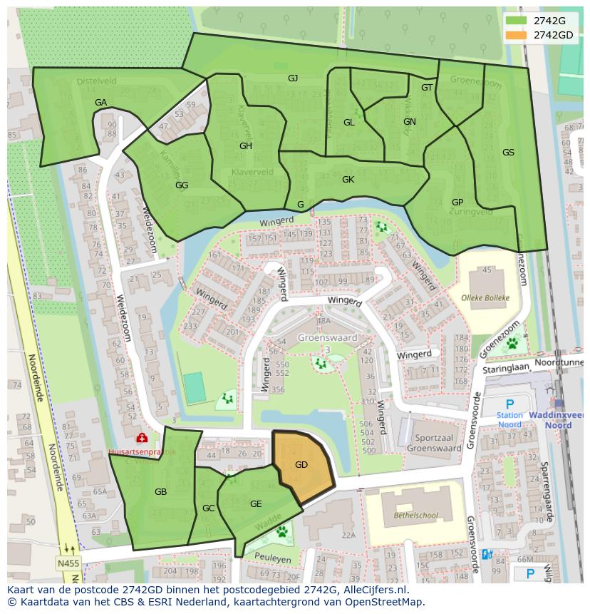Afbeelding van het postcodegebied 2742 GD op de kaart.