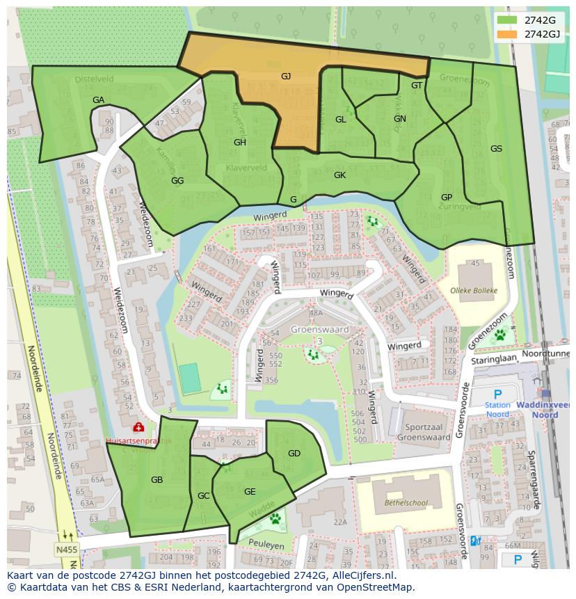 Afbeelding van het postcodegebied 2742 GJ op de kaart.
