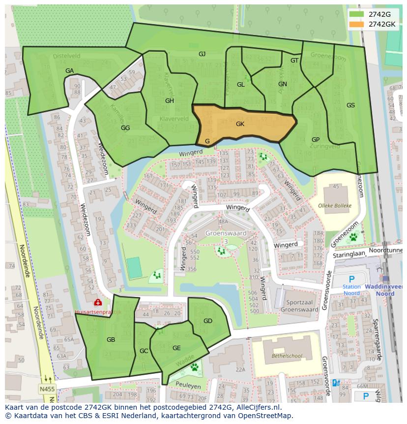 Afbeelding van het postcodegebied 2742 GK op de kaart.