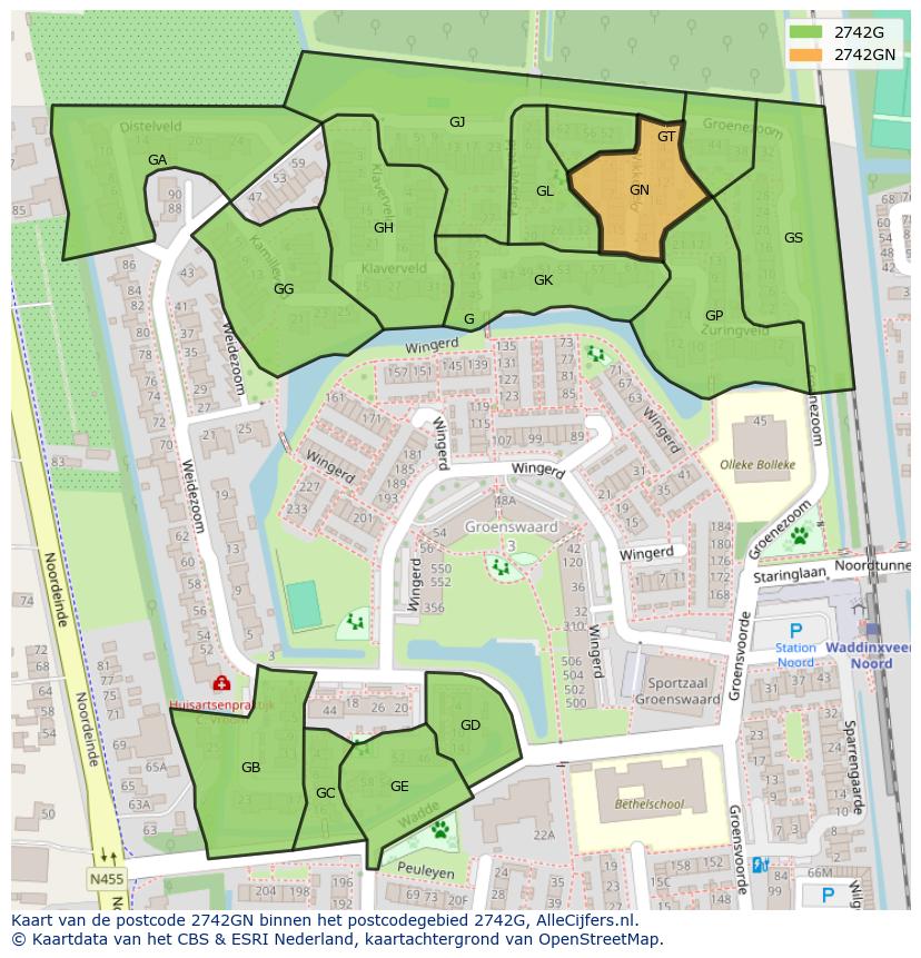 Afbeelding van het postcodegebied 2742 GN op de kaart.