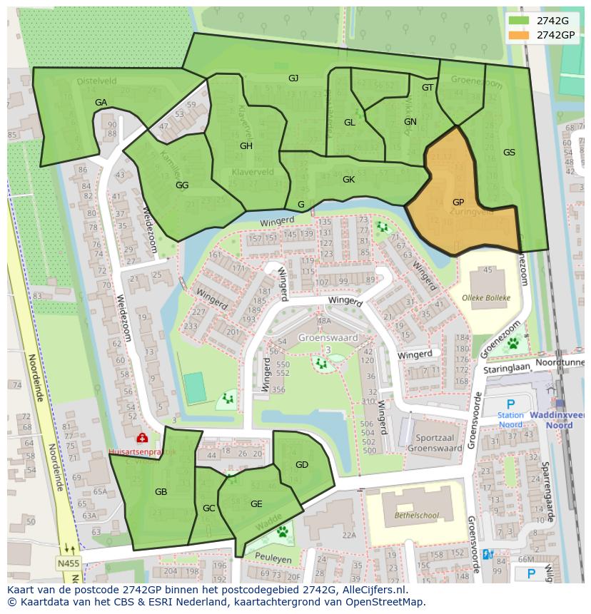 Afbeelding van het postcodegebied 2742 GP op de kaart.