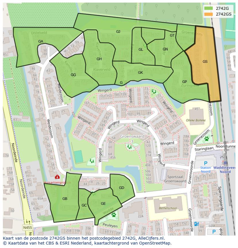 Afbeelding van het postcodegebied 2742 GS op de kaart.