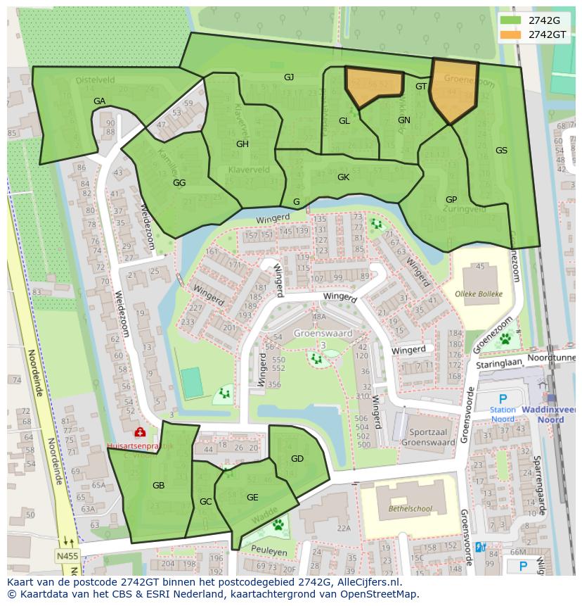 Afbeelding van het postcodegebied 2742 GT op de kaart.