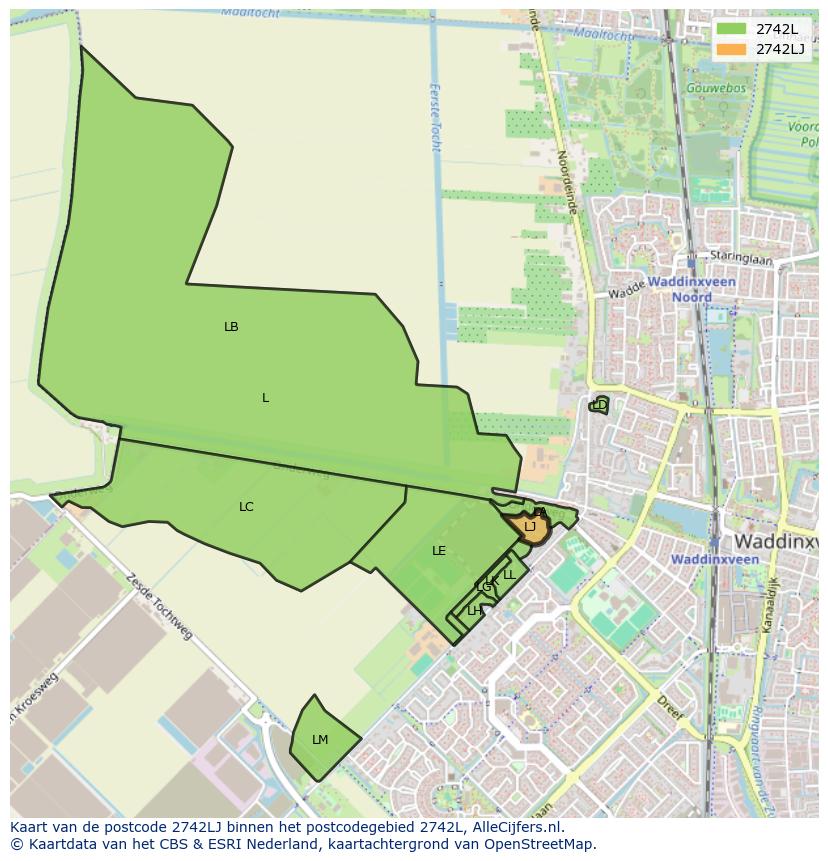 Afbeelding van het postcodegebied 2742 LJ op de kaart.