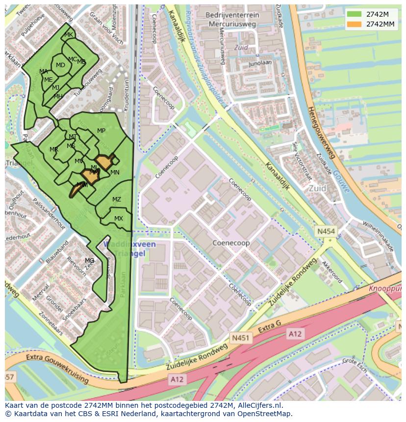 Afbeelding van het postcodegebied 2742 MM op de kaart.
