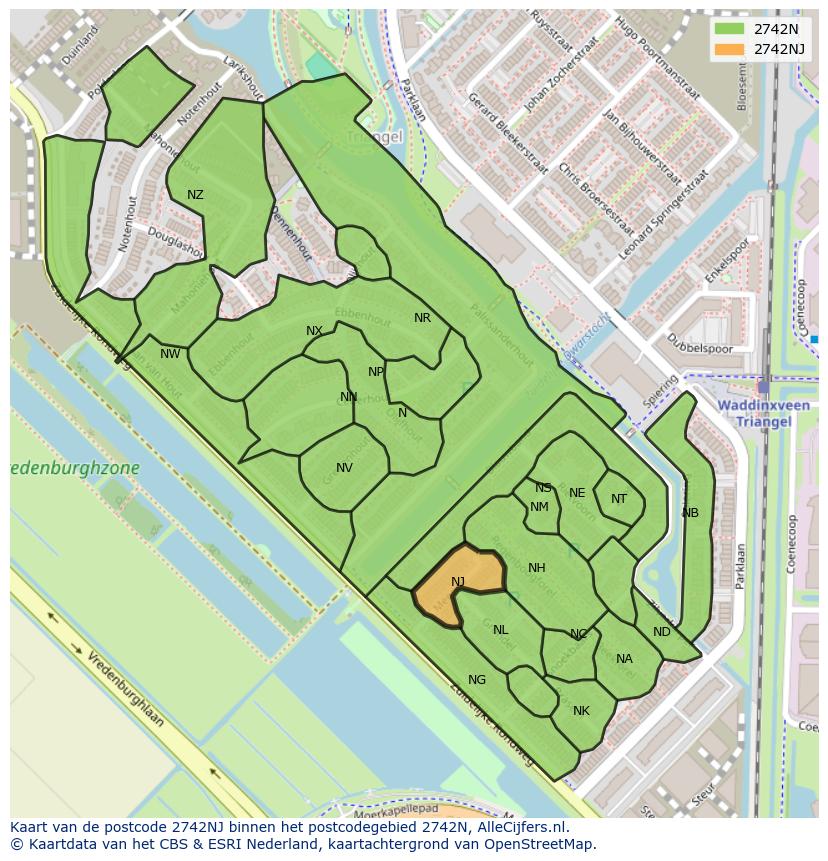 Afbeelding van het postcodegebied 2742 NJ op de kaart.