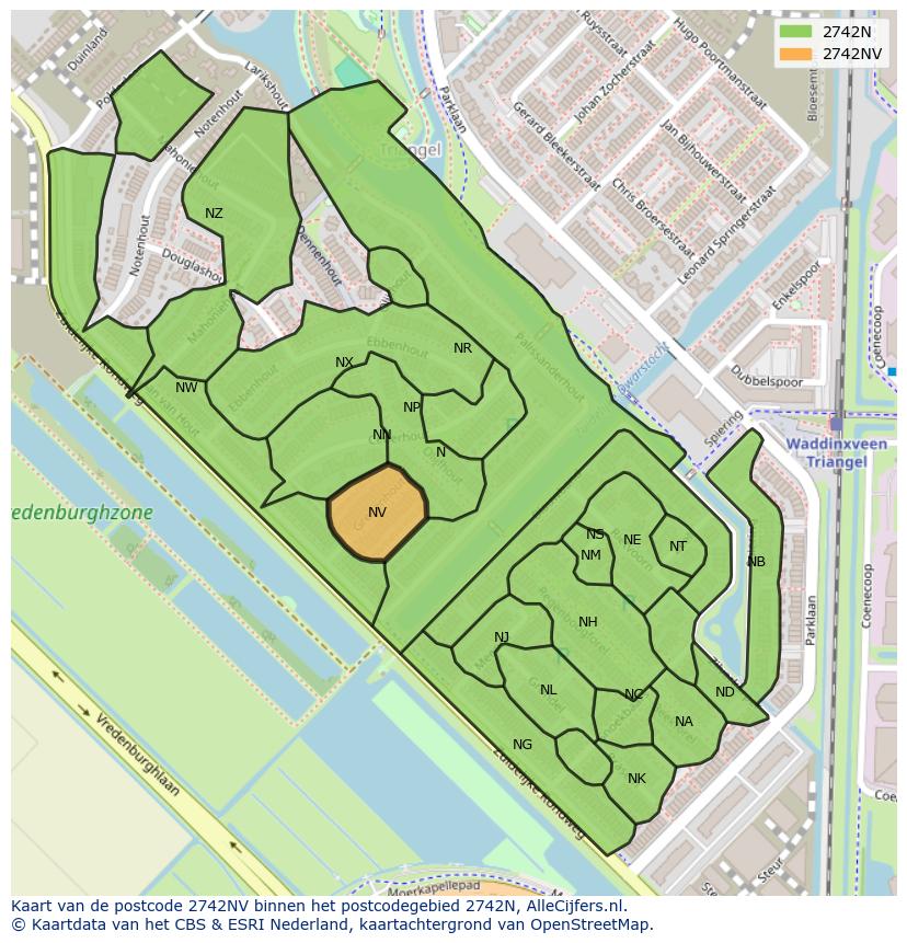 Afbeelding van het postcodegebied 2742 NV op de kaart.