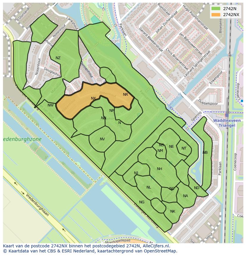 Afbeelding van het postcodegebied 2742 NX op de kaart.
