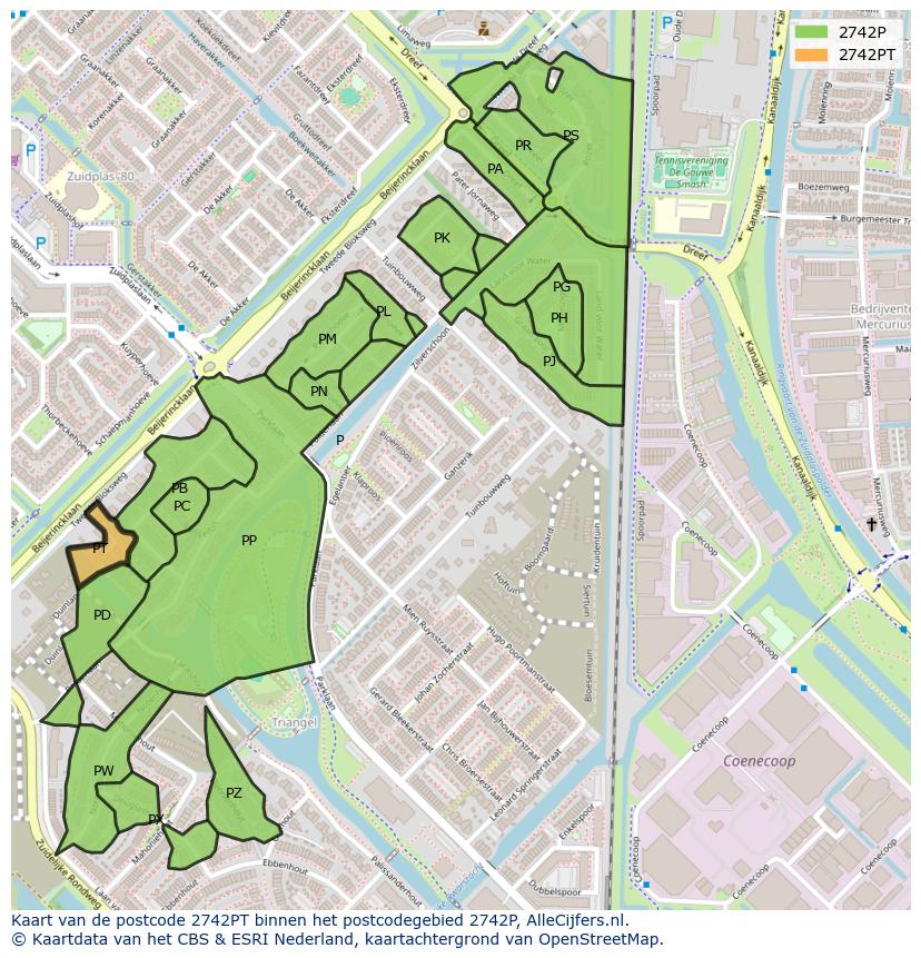 Afbeelding van het postcodegebied 2742 PT op de kaart.